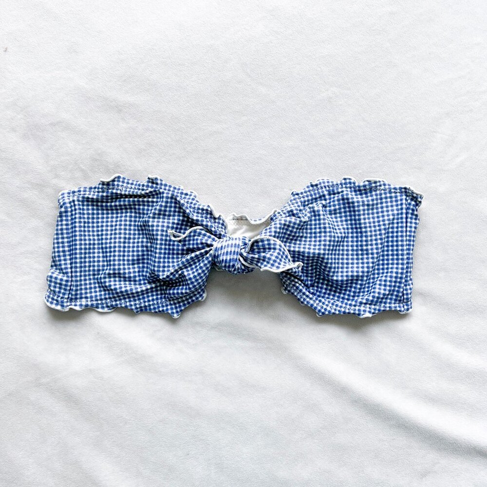 O'Neil Blue and White Gingham Lettuce Edge Strapless Bikini Top
